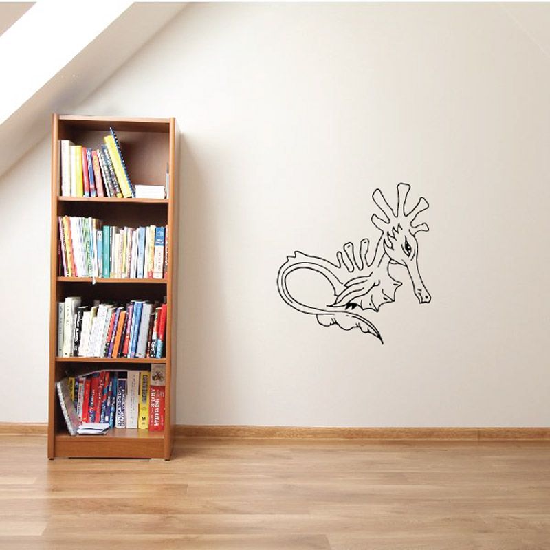 Weedy sea dragon seahorse wall decal, black line art, single outline figure
