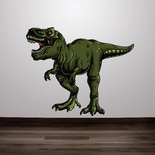 T-Rex sticker with green roaring dinosaur, open mouth and sharp teeth