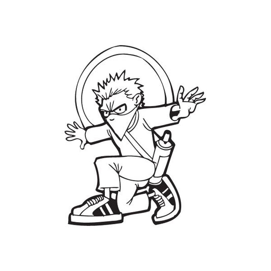 Tagger decal: line-art graffiti character with spiky hair in a circle, black outline