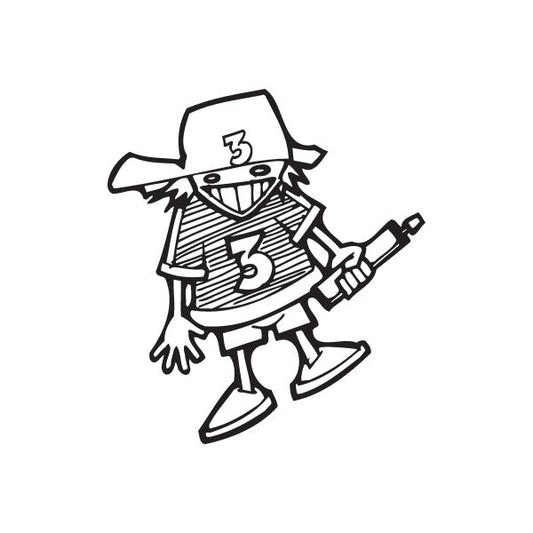 Kid tagger decal with cartoon character holding a spray can, black and white outline