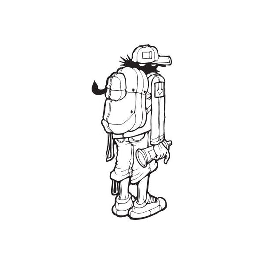 Astronaut with backpack decal, white and black detailed line art