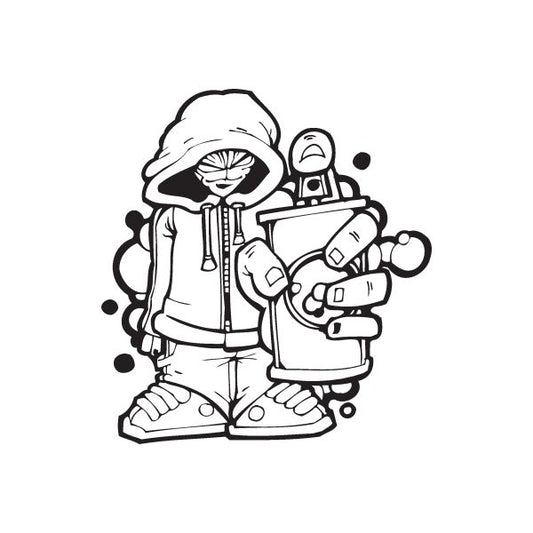 Tagger with spray can decal, black outline character holding a spray gun