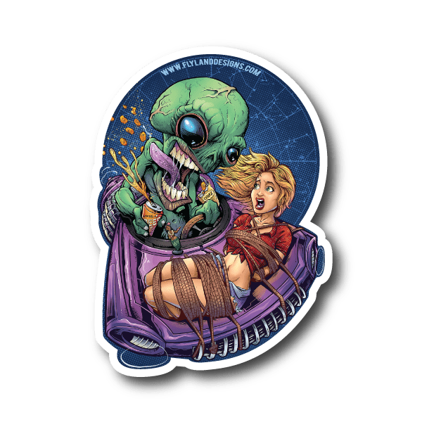 Vinyl sticker with blue border showing cartoon alien and woman in space