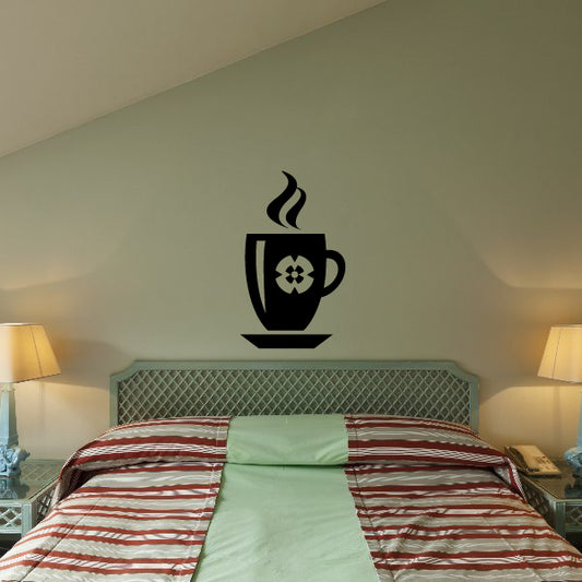 Tall hot coffee cup wall decal with steam and flower