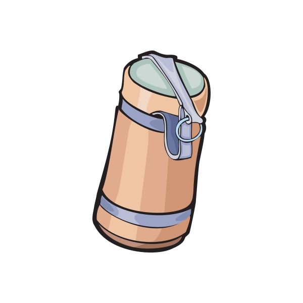Tan water bottle sticker illustration with blue strap and metal clasp