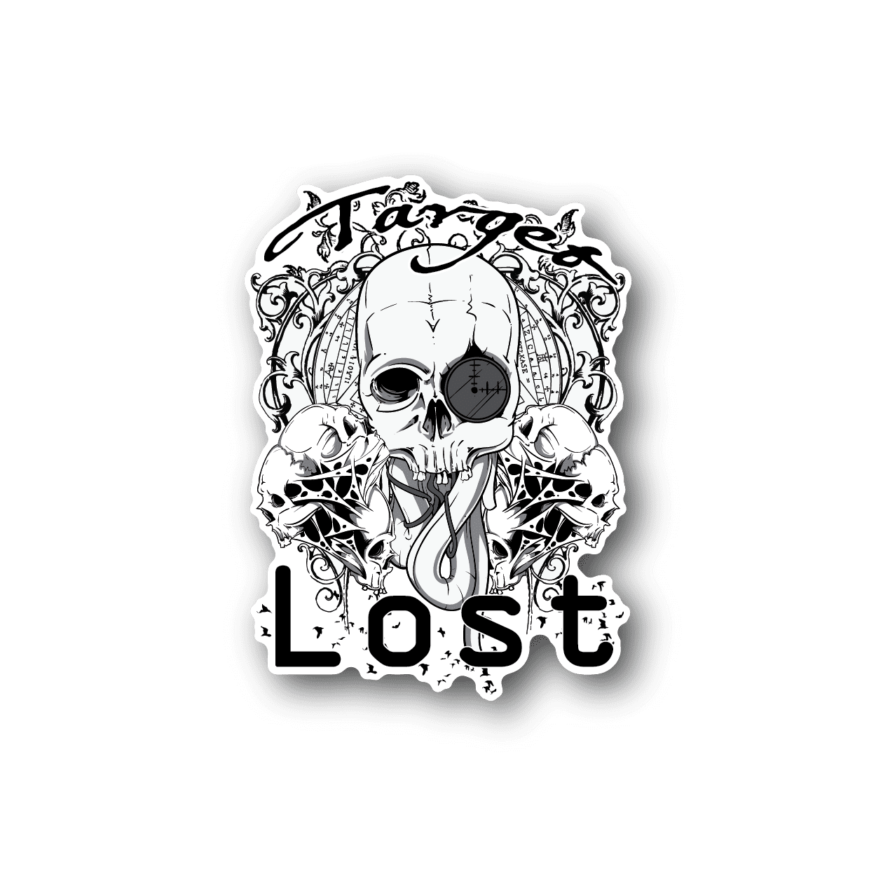 Vinyl skull sticker with ornate wings and “LOST” text, white on dark