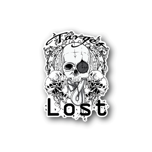 Vinyl skull sticker with ornate wings and “LOST” text, white on dark