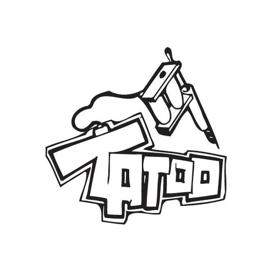 Black graffiti tattoo decal with bold tag lettering and outlined character