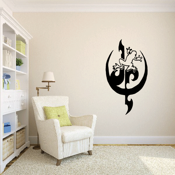 Tattoo-style frog wall decal, black outlined figure in flame-like circle