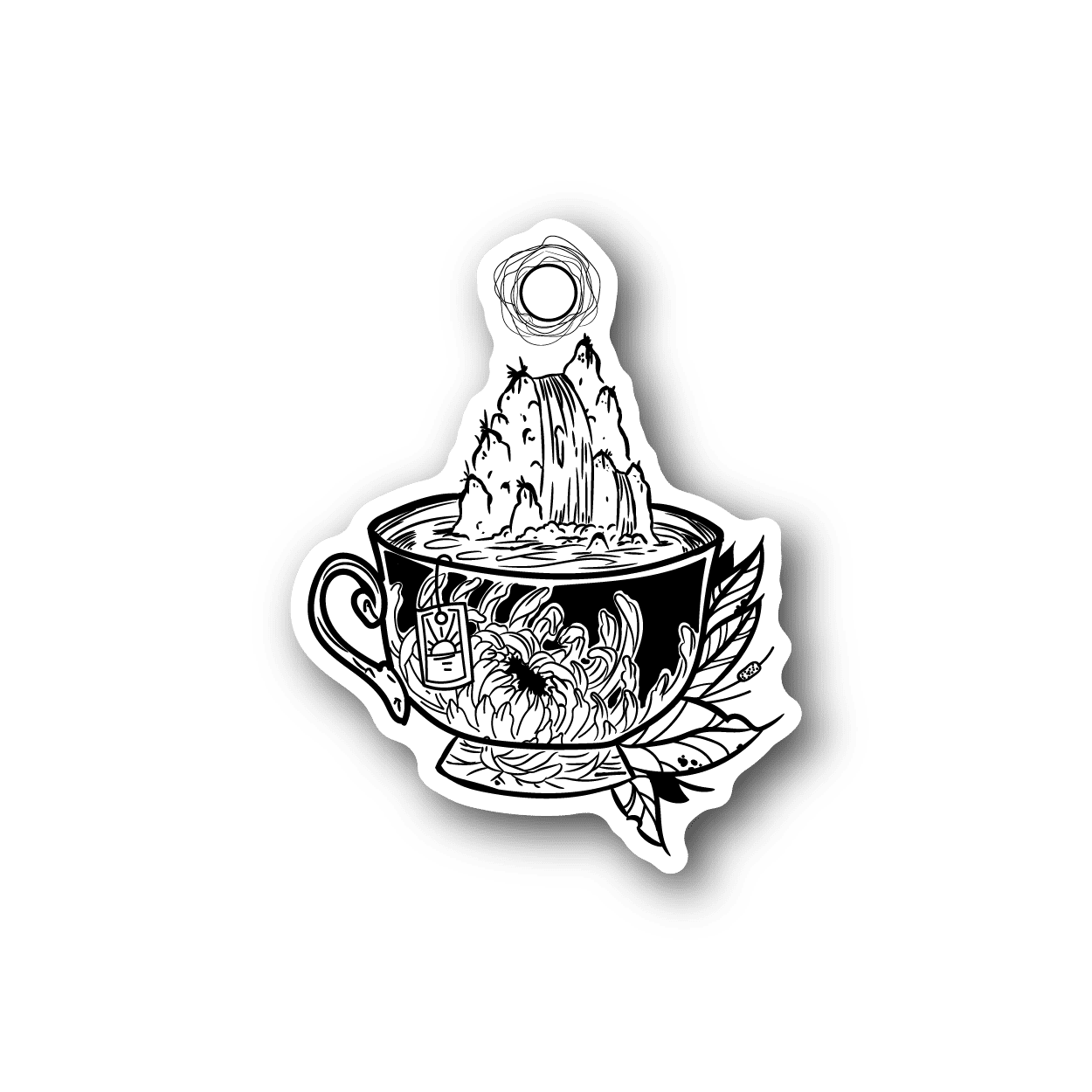 Vinyl sticker: white line teacup with mountain peaks and flowers