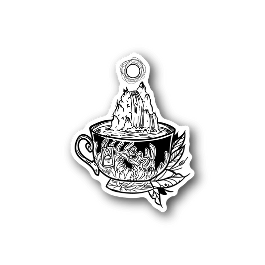 Vinyl sticker: white line teacup with mountain peaks and flowers