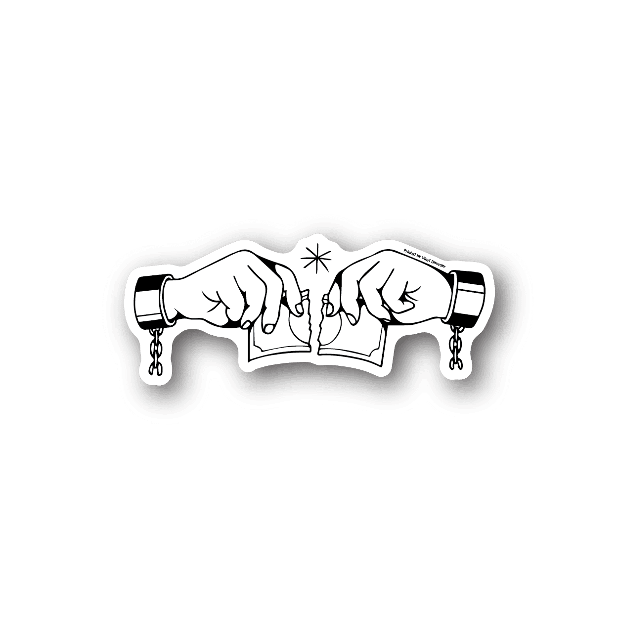 Vinyl sticker with white hands tearing a money bill graphic