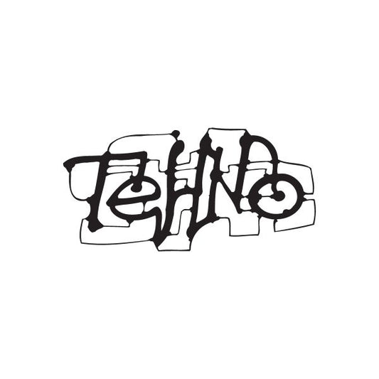 Techno graffiti decal with bold black and gray street-style lettering.