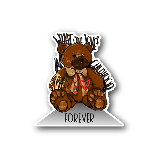 Brown teddy bear vinyl sticker with bow tie and heart, FOREVER text