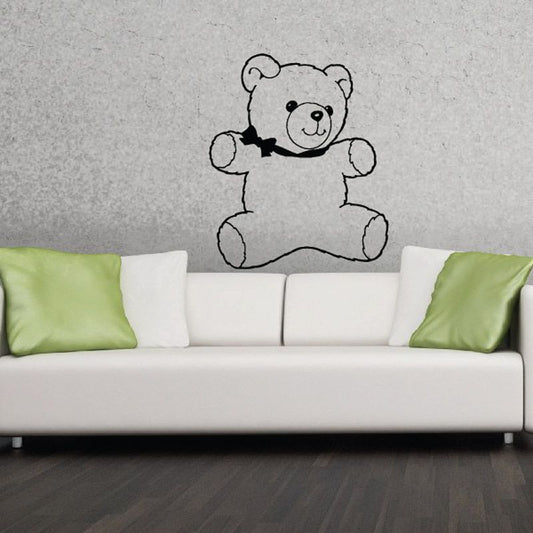 Teddy bear vinyl wall decal, black outline bear holding a heart