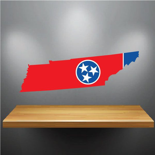 Tennessee state flag sticker shaped like Tennessee, red with blue star circle