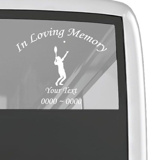 Memorial tennis decal with In Loving Memory text, tennis player silhouette, custom name/date