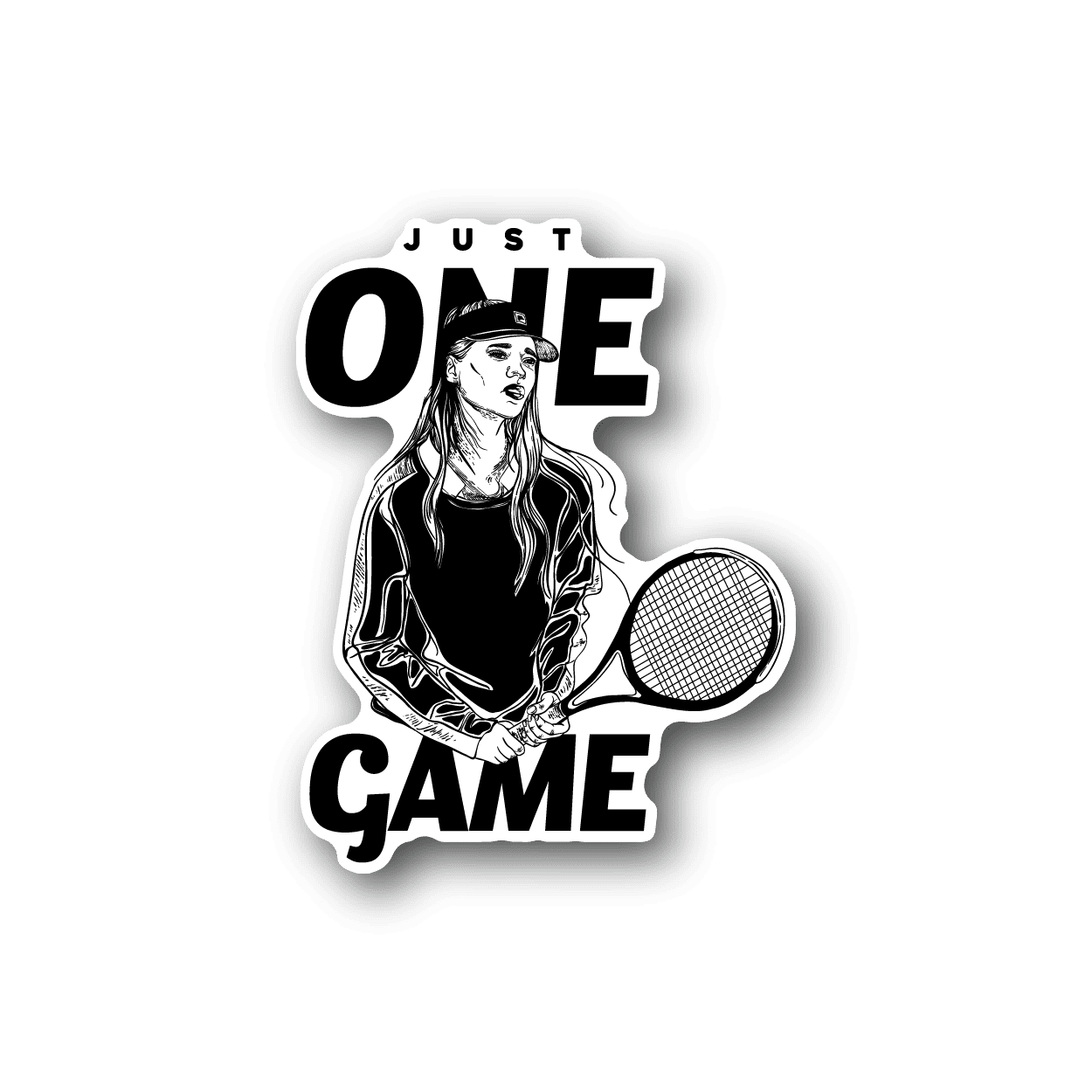 Vinyl sticker of a tennis girl holding a racket, “Just One Game” text, black and white