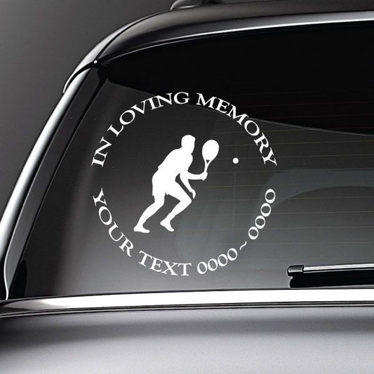 Memorial tennis player decal: 'In Loving Memory' and 'Your Text 0000'