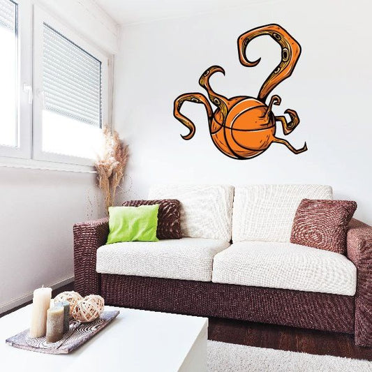 Tentacle basketball wall decal sticker, orange basketball with curling tentacles, vinyl