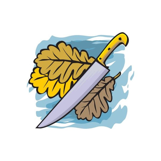 Thanksgiving fall leaves and knife sticker with blue leaves, brown and gold foliage, purple knife