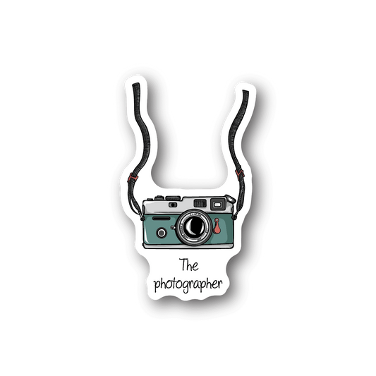 Vinyl sticker of teal camera with 'The photographer' text.