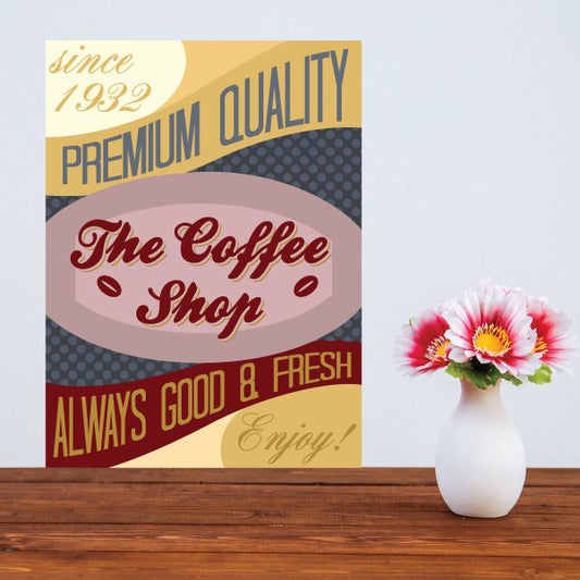 Coffee shop premium quality sticker with red script logo and multicolor text