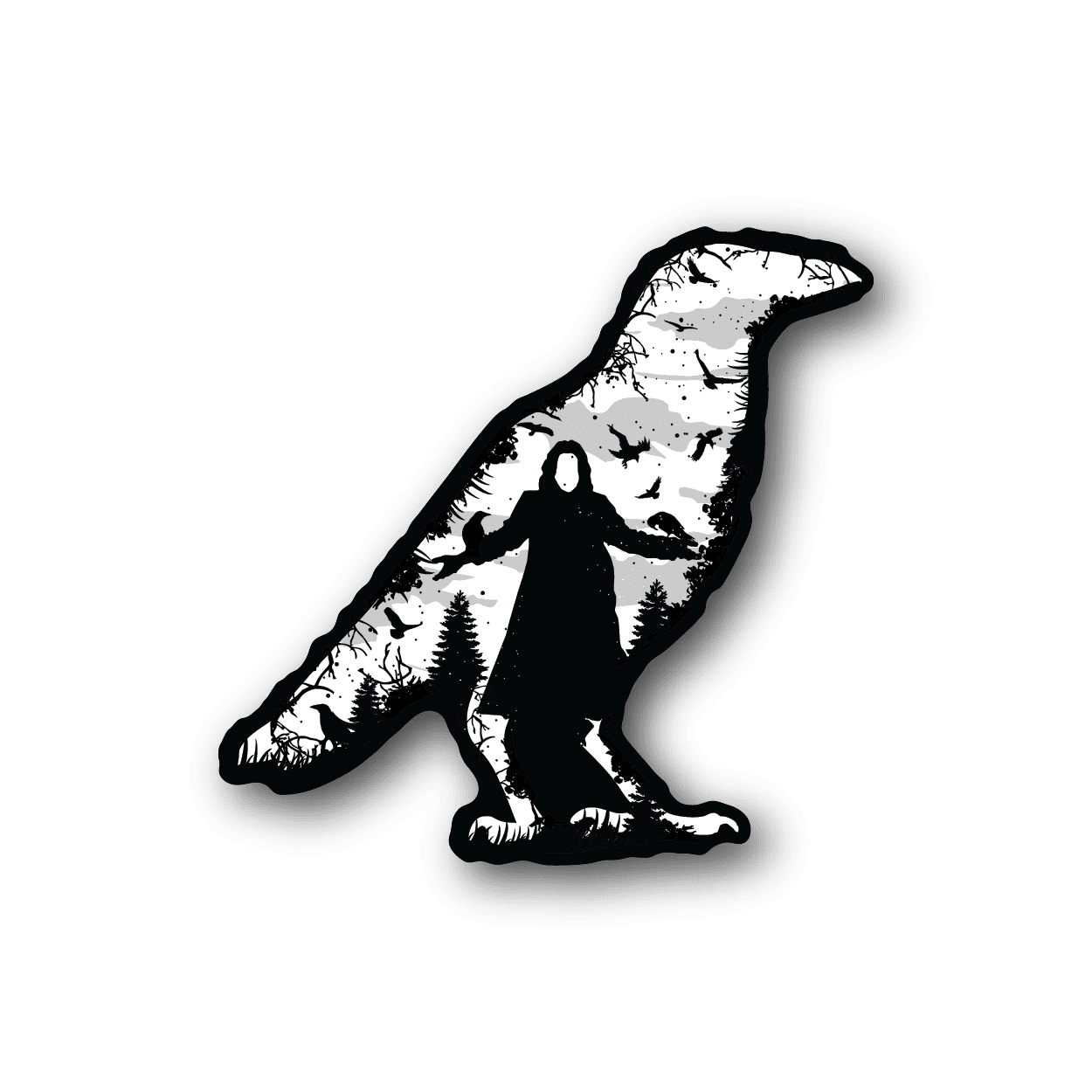 Crow vinyl sticker, black-and-white speckled design