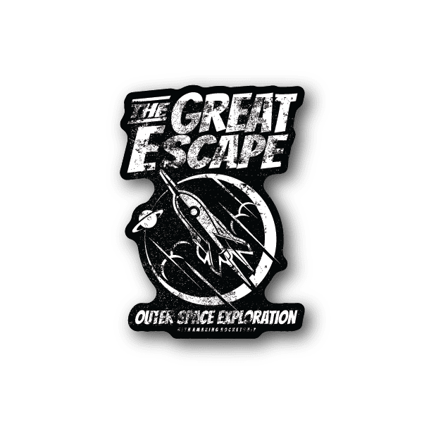 Vinyl sticker with 'The Great Escape' text and rocket graphic, white on dark