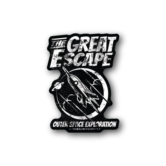 Vinyl sticker with 'The Great Escape' text and rocket graphic, white on dark