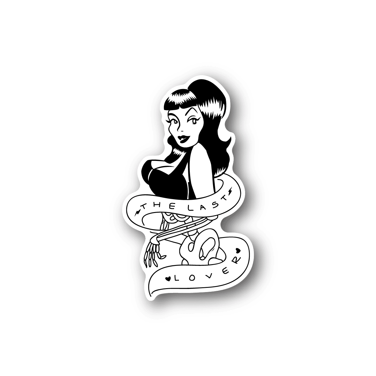 Skeleton girl vinyl sticker with monochrome graphic and white outline