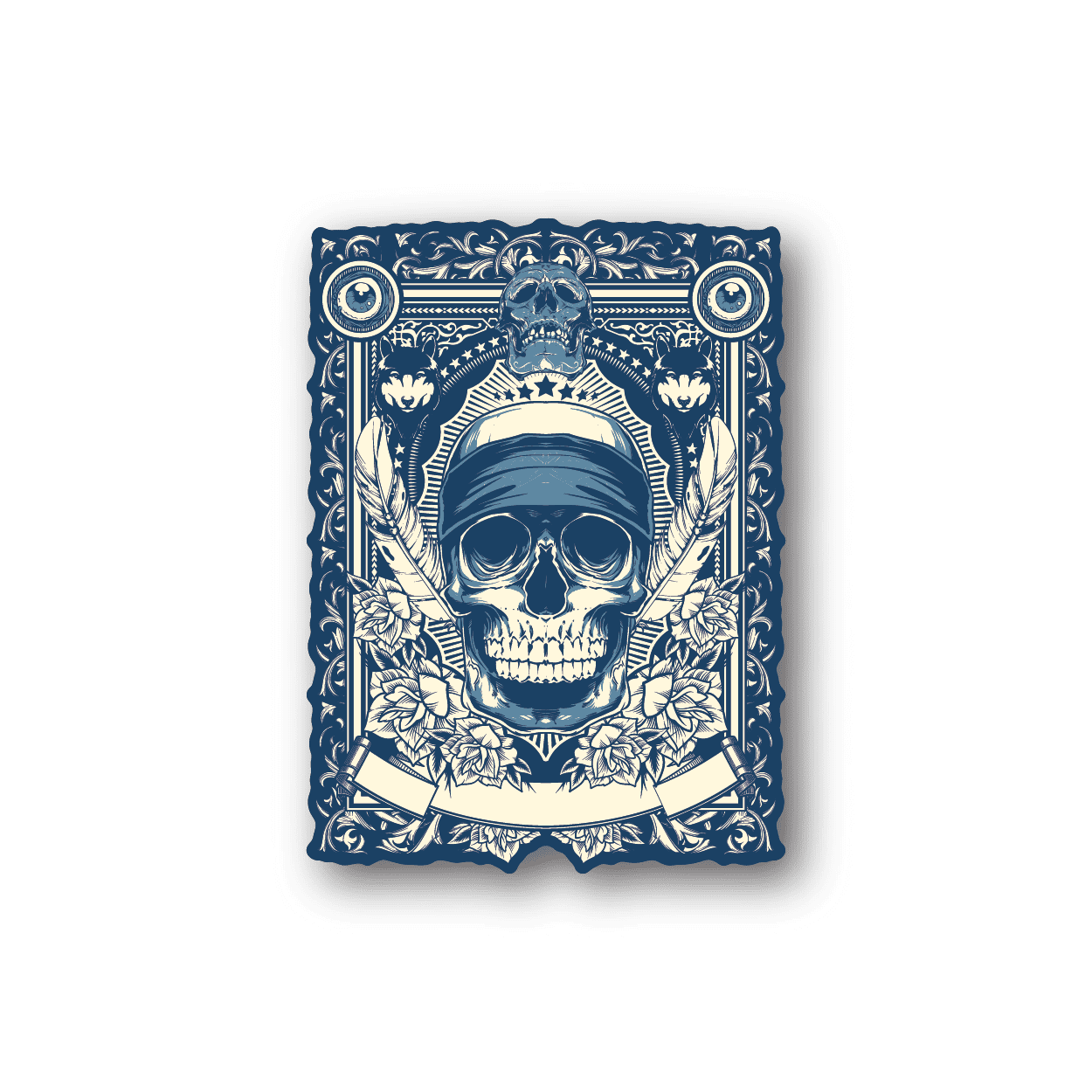 Skull vinyl sticker with ornate floral border and blue face design