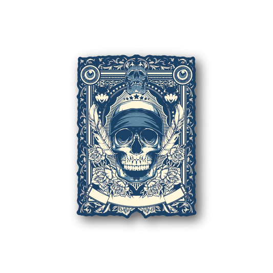 Skull vinyl sticker with ornate floral border and blue face design