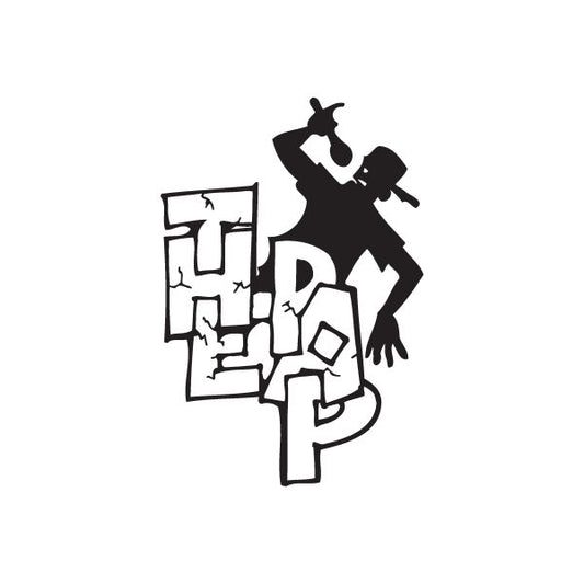 Graffiti decal with black silhouette figure and abstract square tag outlines