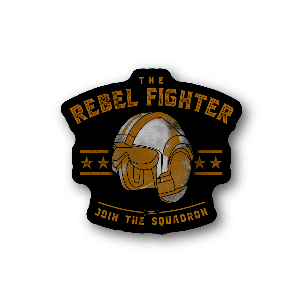Vinyl sticker of a rebel fighter helmet with gold text and stars, die-cut shape