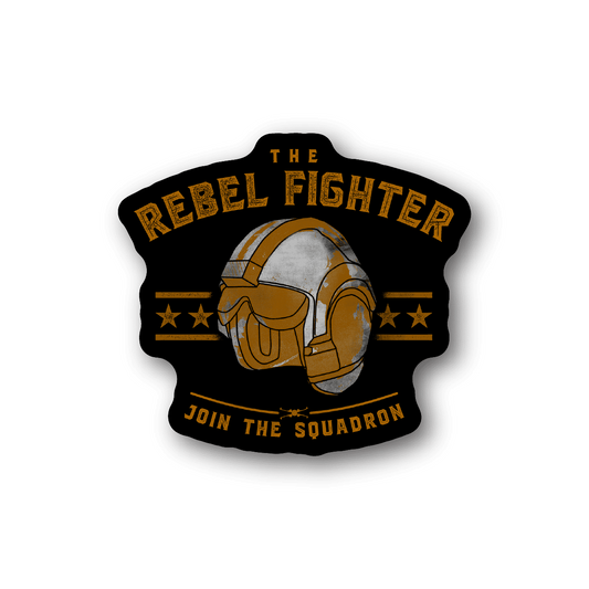 Vinyl sticker of a rebel fighter helmet with gold text and stars, die-cut shape