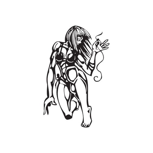 Wall decal of a stylized seated woman with long hair holding a small needle and thread