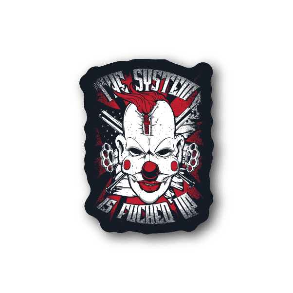 Vinyl sticker with red and white clown face and radial text design