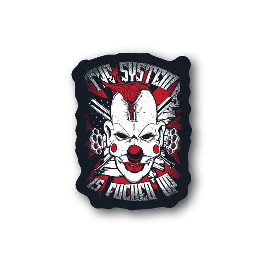 Vinyl sticker with red and white clown face and radial text design