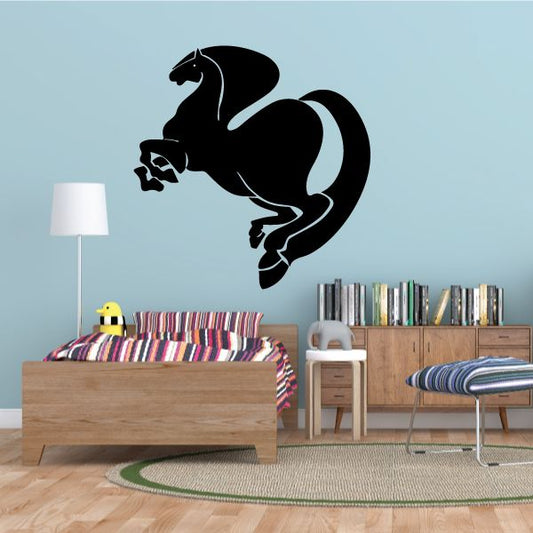 Horse head wall decal, black silhouette with thick mane and flowing tail