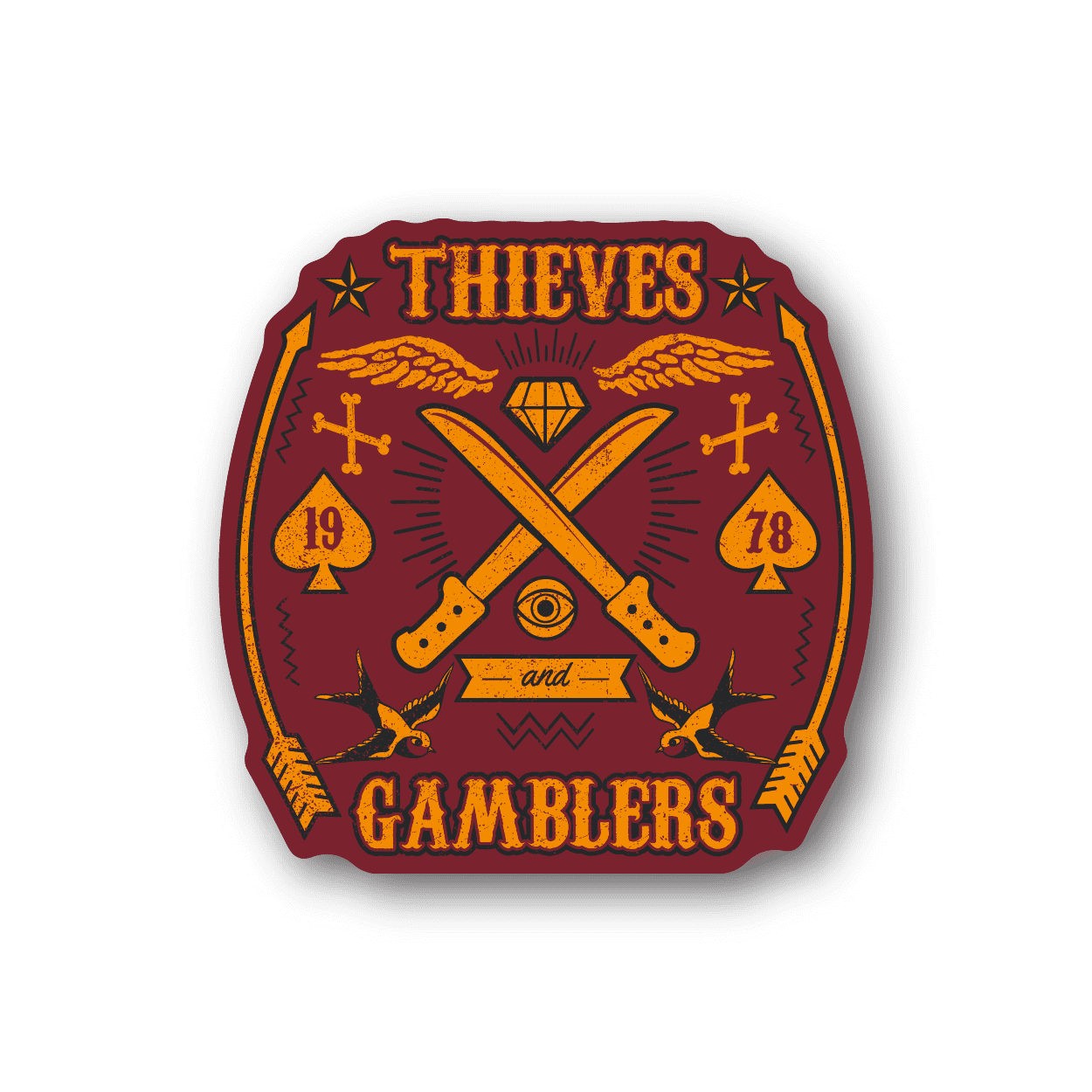 Vinyl sticker with purple shield graphic, crossed swords, cards, and Thieves Gamblers text