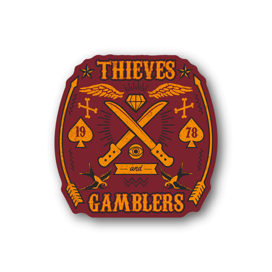 Vinyl sticker with purple shield graphic, crossed swords, cards, and Thieves Gamblers text