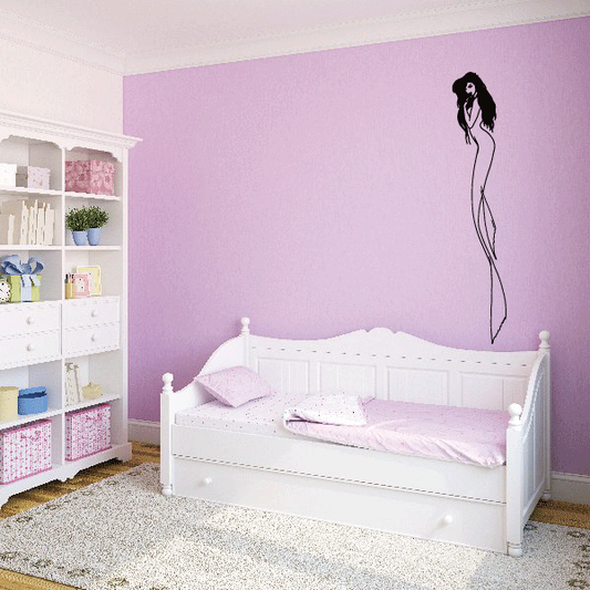 Mermaid wall decal silhouette, thin tail and looking-back pose, black outline