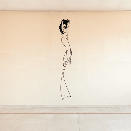 Thin tail mermaid sitting wall decal, black line art silhouette