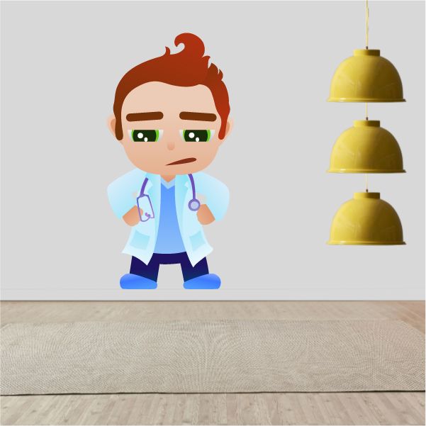 Doctor character sticker with stethoscope, red hair, blue coat, seated pose