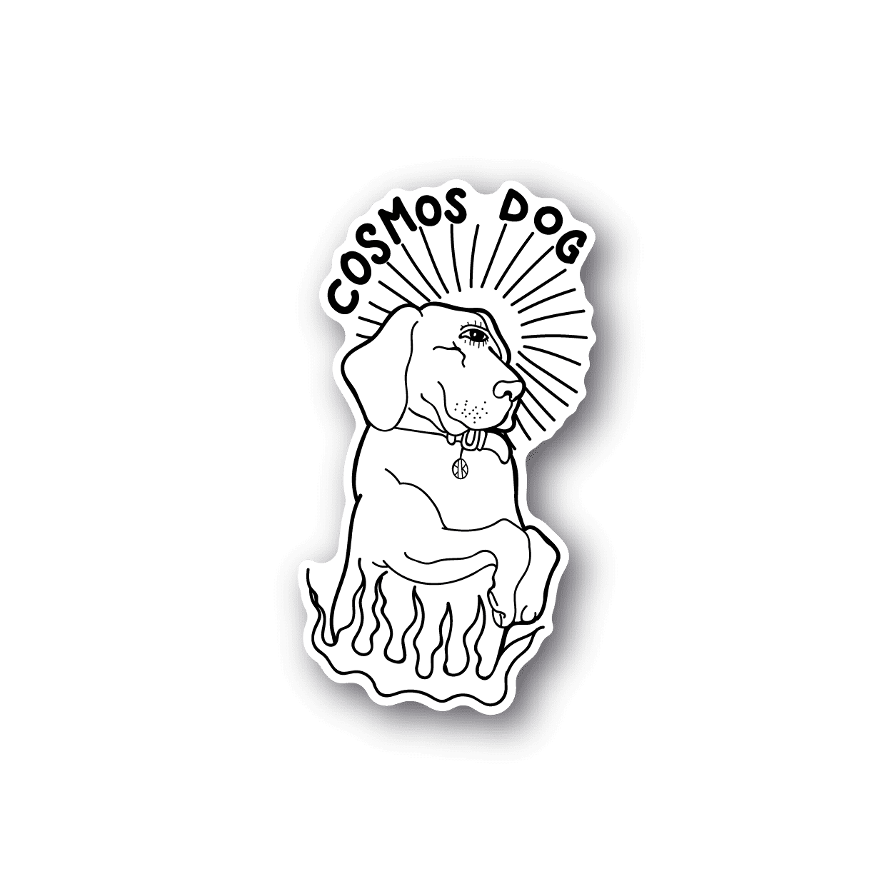 Cosmos-themed dog vinyl sticker with third eye and circular rays