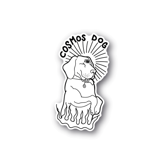 Cosmos-themed dog vinyl sticker with third eye and circular rays