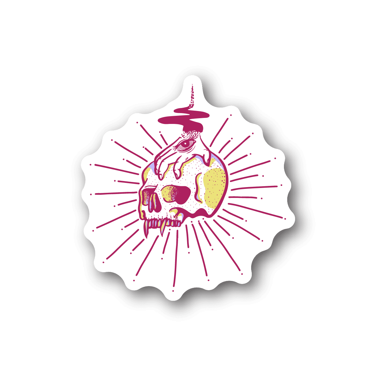 Hand skull third-eye vinyl sticker with pink sunburst rays, white background