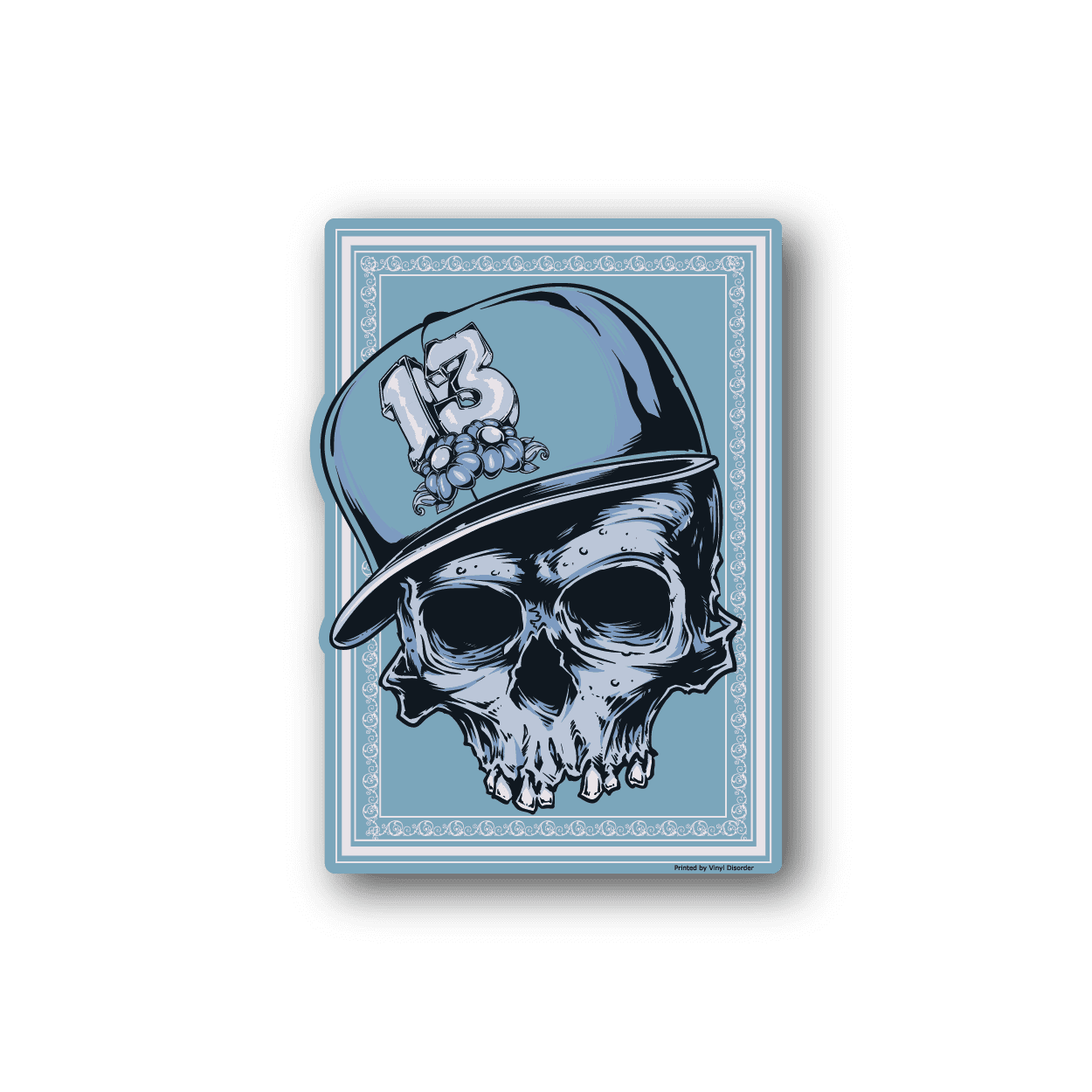 Skull vinyl sticker showing a skull in a blue hat holding flowers