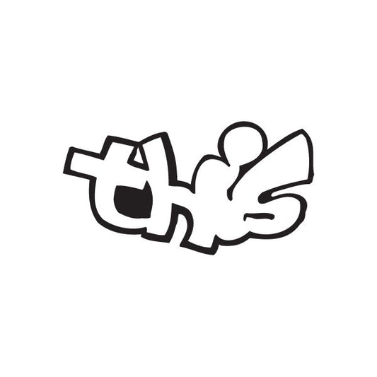 Graffiti decal with black outline, white fill, stylized tag and hand shapes